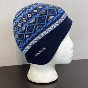 Bula Blue Fair Isle Knit Fleece Lined Beanie Hat Made in Canada Wool Blend